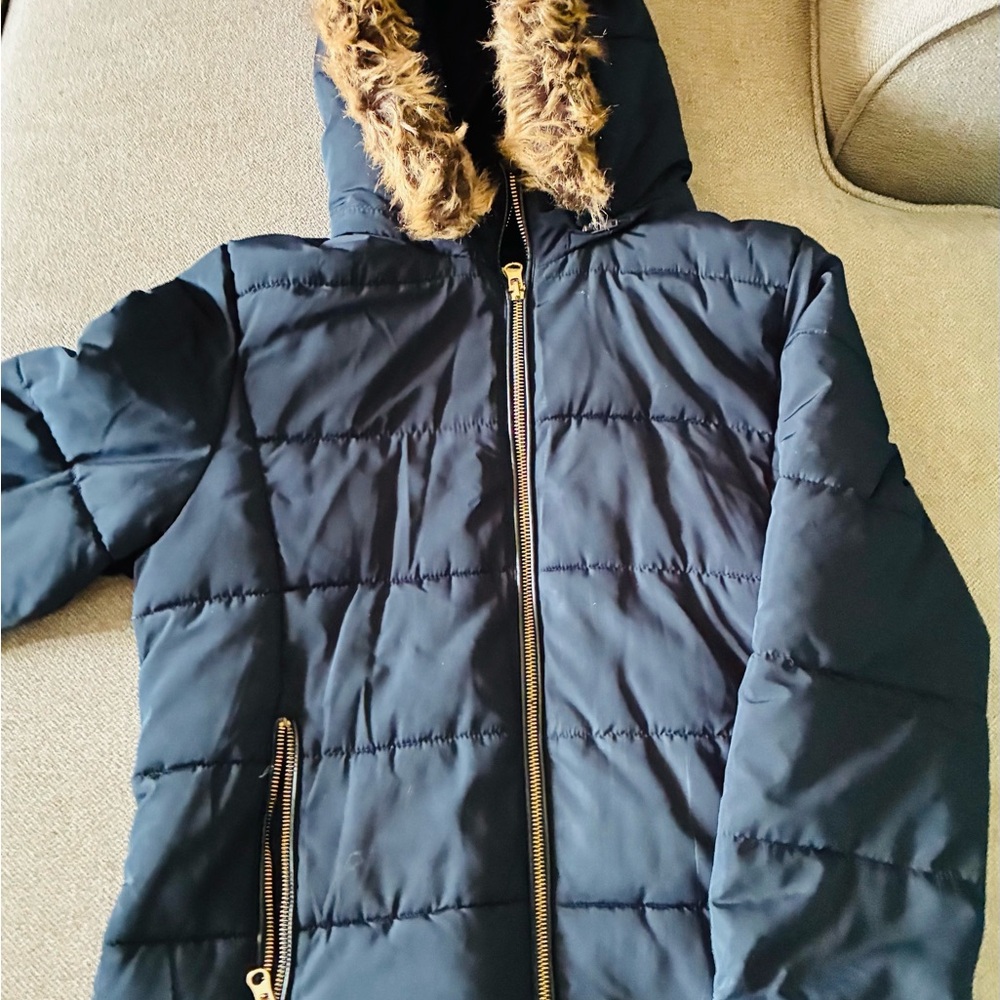 Zara Dark Blue Puffer Jacket with Faux Fur Hood.